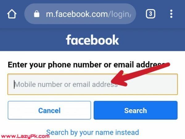 Facebook Password Reset करते वक़्त ऐसा पेज ओपेन होगा यहाँ पर आपको अपना मोबाइल नम्बर या फिर ईमेल दर्ज करके सर्च कर लेना है