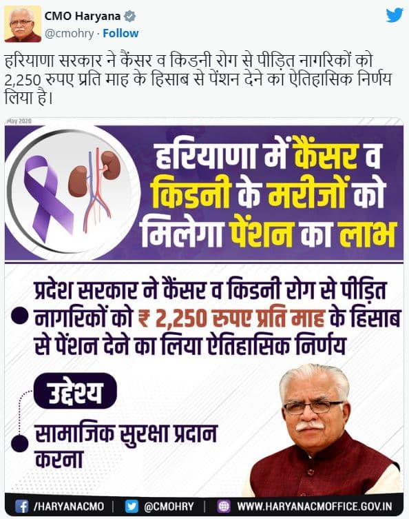 हरियाणा किडनी  कैंसर पेशेंट पेंशन योजना  Haryana kidneycancer patients new pension scheme